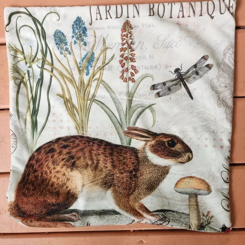 French Pillow Cover,20x20 Bunny Rabbit Dragon Fly Jardin Botanique, Zip